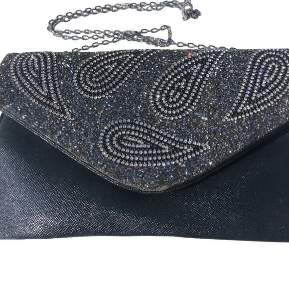 Black Sparkly Evening Bag With Chain Strap Wedding Prom Party - Picture 2 of 5